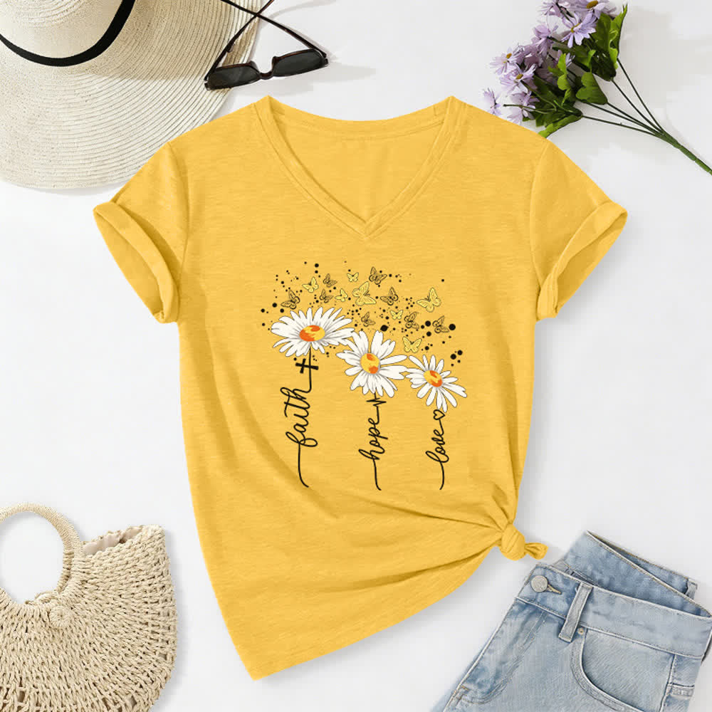 Christianartworkshop Faith Hope Love Daisy Butterfly Women's V Neck Tee - Yellow - 2XL - image 20