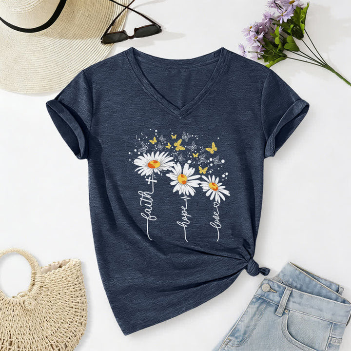 Christianartworkshop Faith Hope Love Daisy Butterfly Women's V Neck Tee - Navy Blue - 2XL - image 2