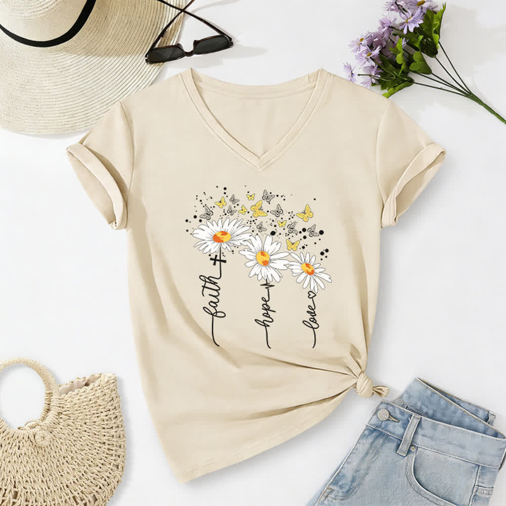 Christianartworkshop Faith Hope Love Daisy Butterfly Women's V Neck Tee - Beige - 2XL - image 16