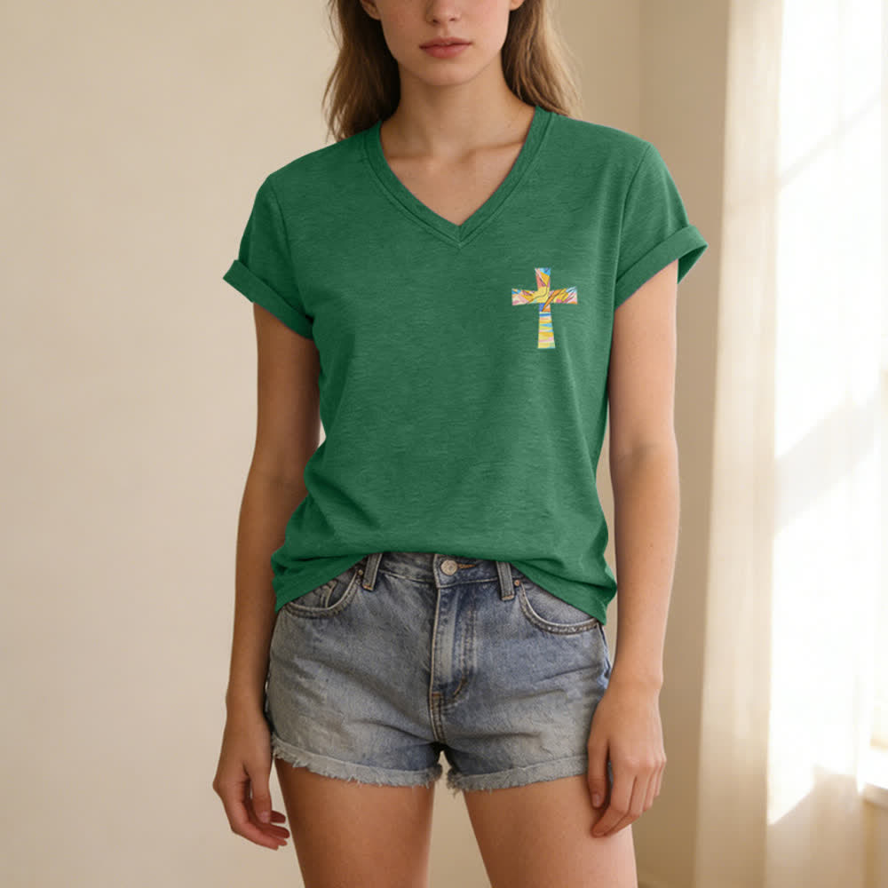 Christianartworkshop Grace Cross Rolled Sleeve Knot Hem Women's V Neck Tee - image 59