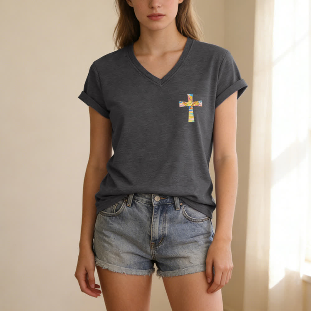 Christianartworkshop Grace Cross Rolled Sleeve Knot Hem Women's V Neck Tee - image 17