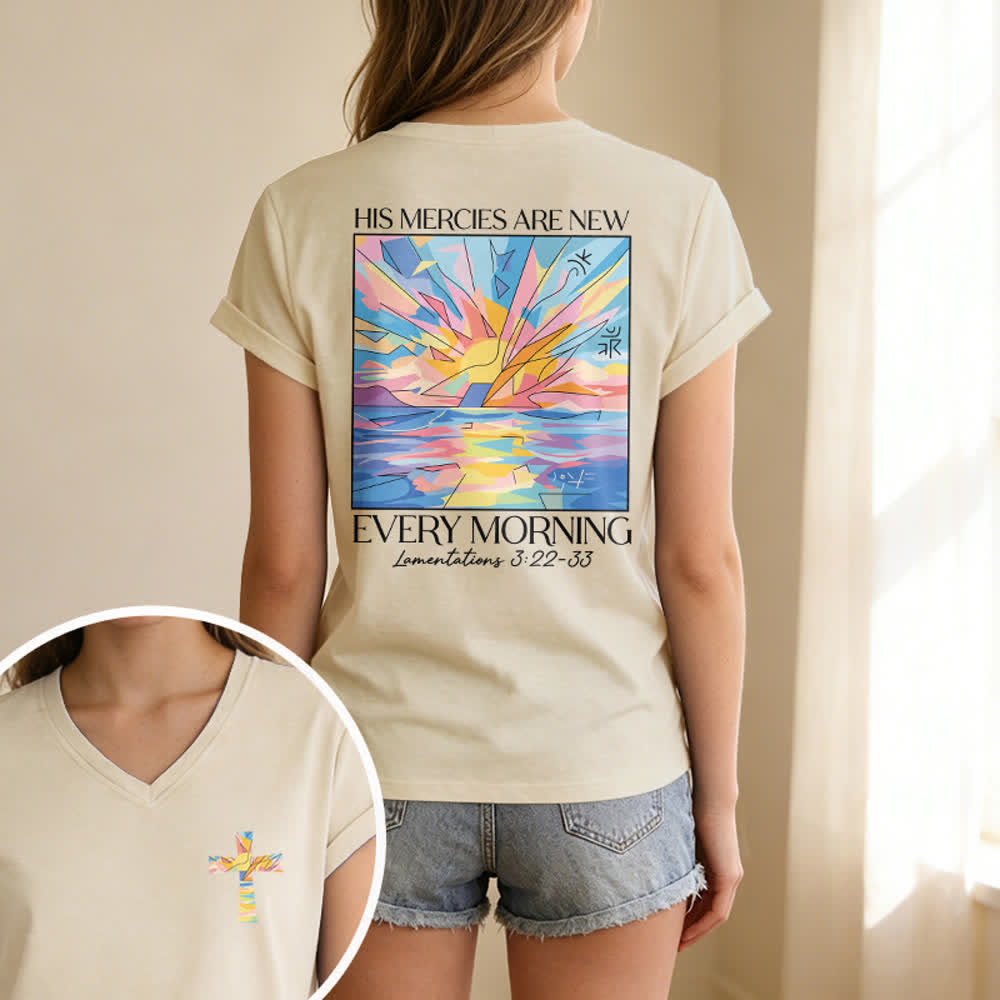 Christianartworkshop Grace Cross Rolled Sleeve Knot Hem Women's V Neck Tee - image 33