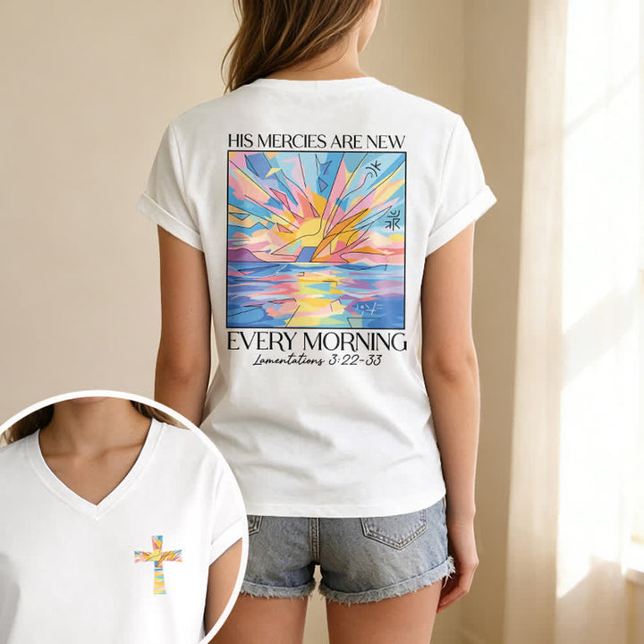 Christianartworkshop Grace Cross Rolled Sleeve Knot Hem Women's V Neck Tee - image 39