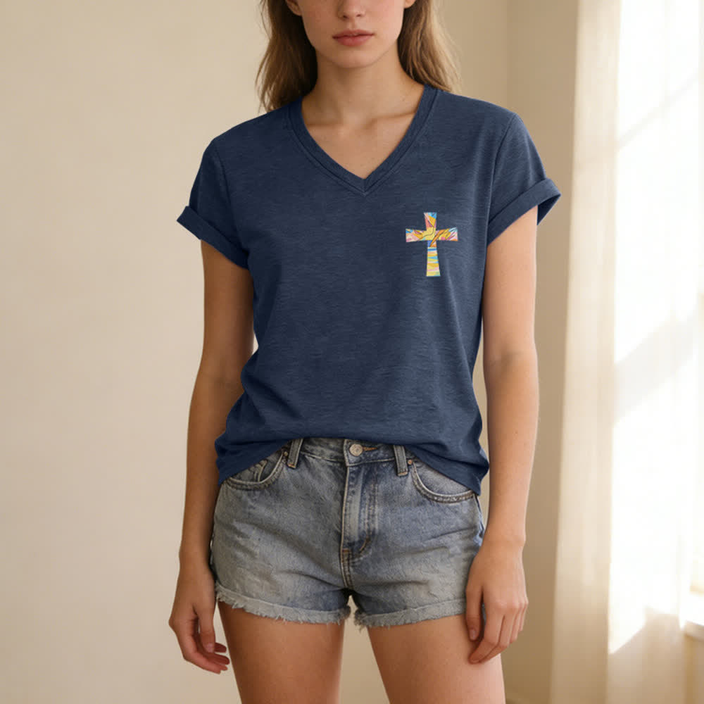 Christianartworkshop Grace Cross Rolled Sleeve Knot Hem Women's V Neck Tee - image 29