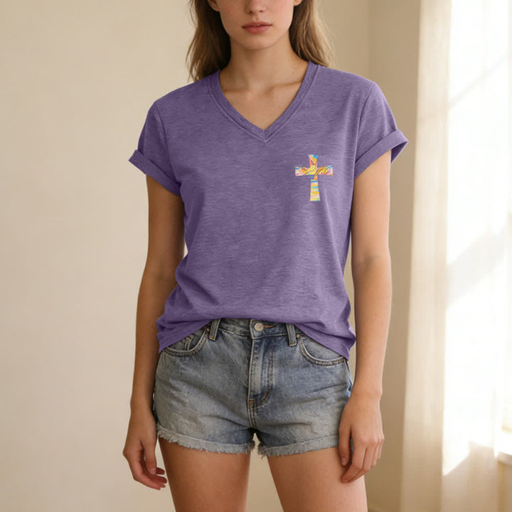 Christianartworkshop Grace Cross Rolled Sleeve Knot Hem Women's V Neck Tee - image 53