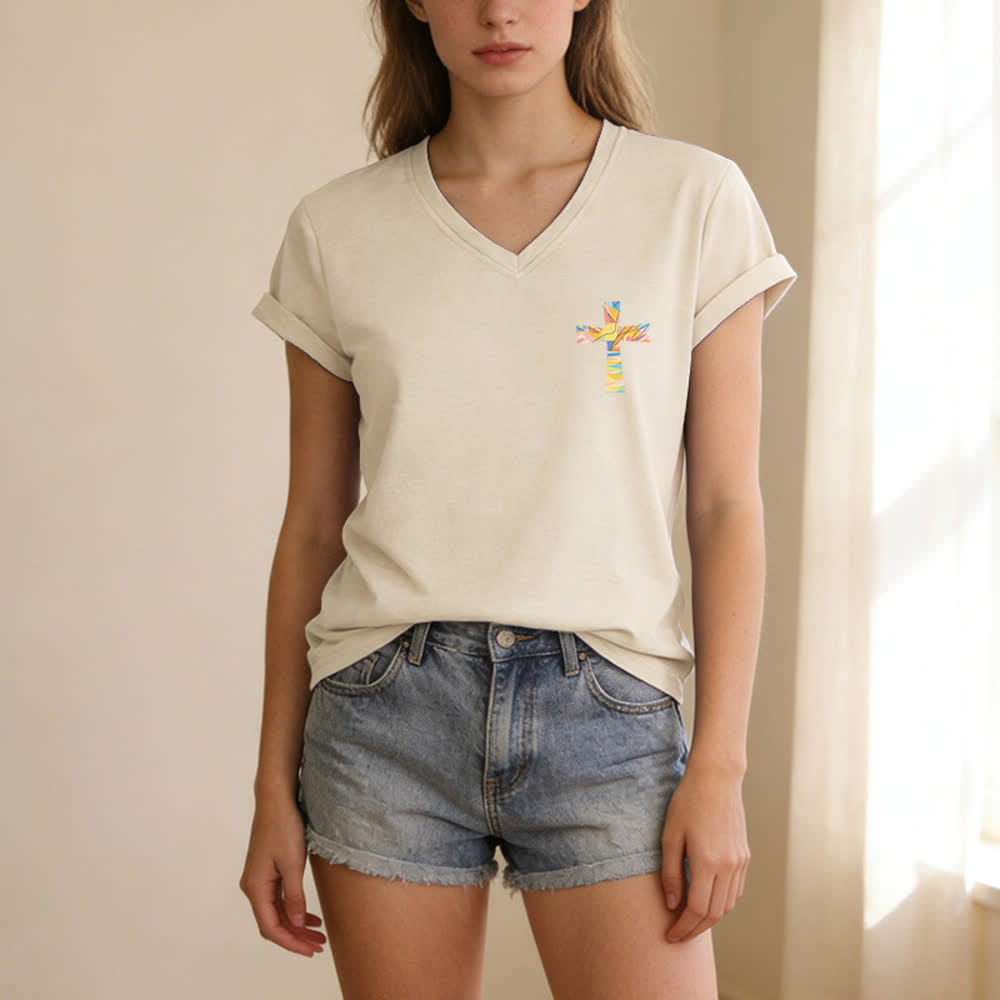 Christianartworkshop Grace Cross Rolled Sleeve Knot Hem Women's V Neck Tee - image 35