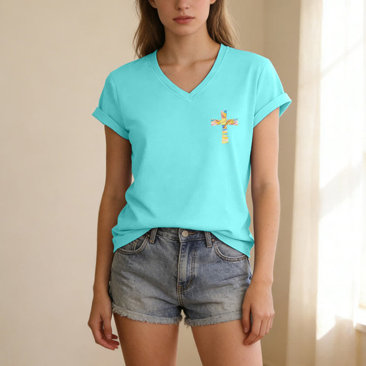 Christianartworkshop Grace Cross Rolled Sleeve Knot Hem Women's V Neck Tee - image 11