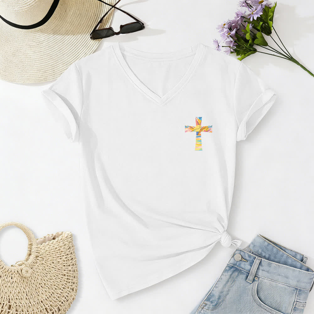 Christianartworkshop Grace Cross Rolled Sleeve Knot Hem Women's V Neck Tee - image 38