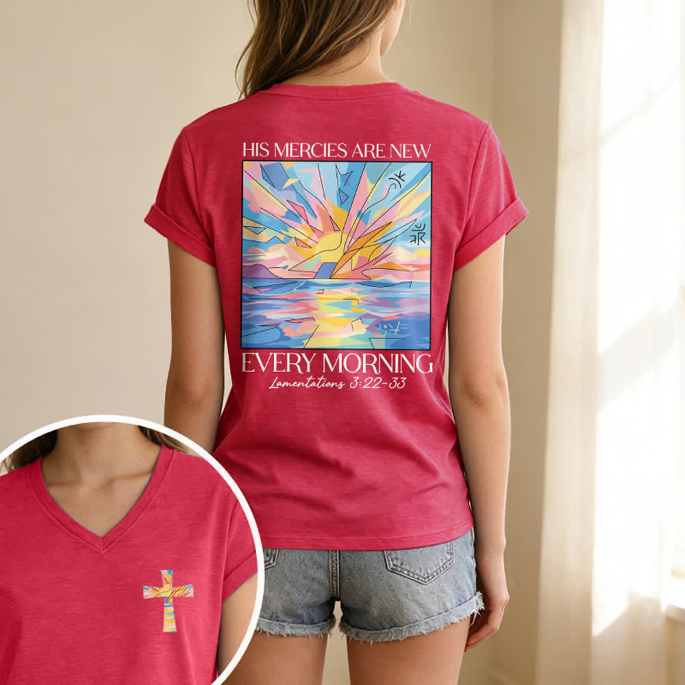 Christianartworkshop Grace Cross Rolled Sleeve Knot Hem Women's V Neck Tee - image 63