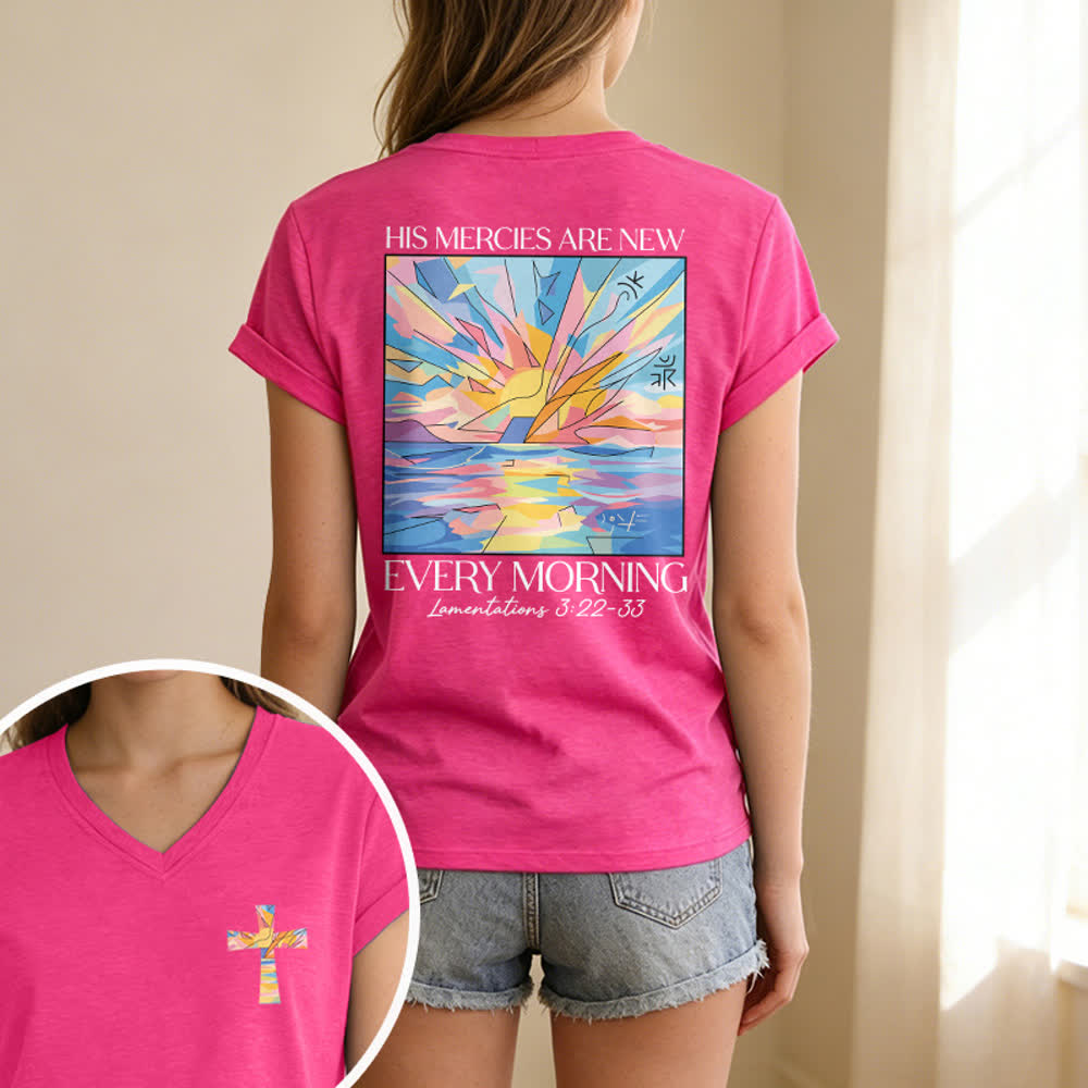 Christianartworkshop Grace Cross Rolled Sleeve Knot Hem Women's V Neck Tee - image 75
