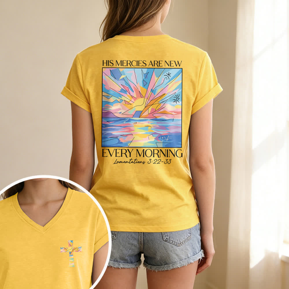 Christianartworkshop Grace Cross Rolled Sleeve Knot Hem Women's V Neck Tee - image 69