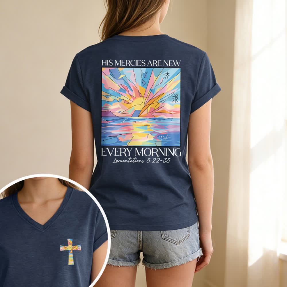 Christianartworkshop Grace Cross Rolled Sleeve Knot Hem Women's V Neck Tee - image 27