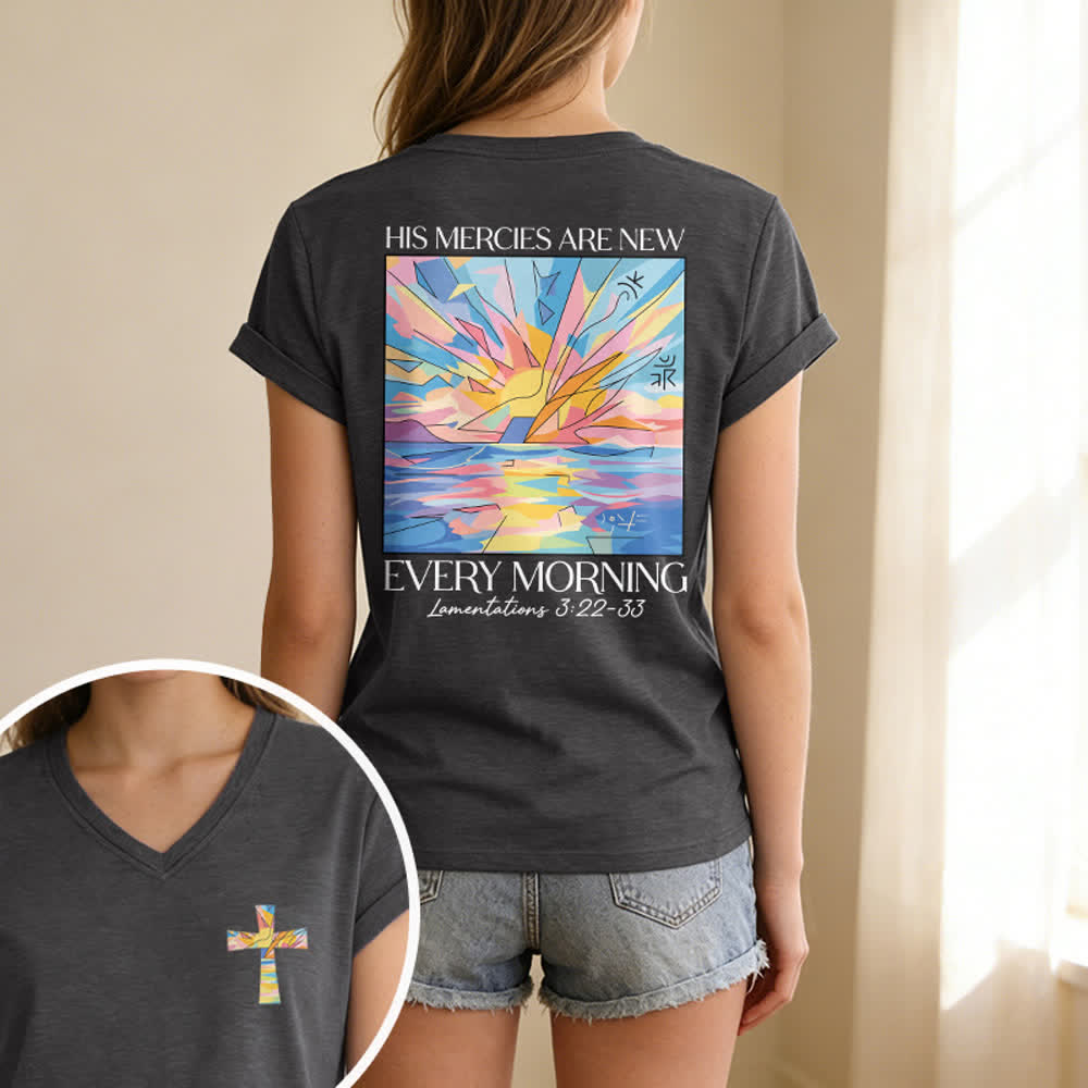 Christianartworkshop Grace Cross Rolled Sleeve Knot Hem Women's V Neck Tee - image 15
