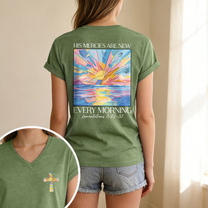 Christianartworkshop Grace Cross Rolled Sleeve Knot Hem Women's V Neck Tee - image 45