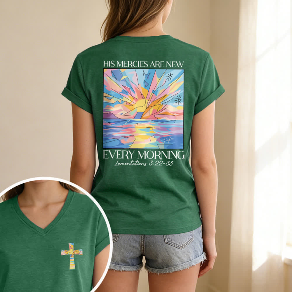 Christianartworkshop Grace Cross Rolled Sleeve Knot Hem Women's V Neck Tee - image 57