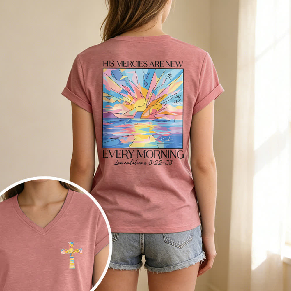 Christianartworkshop Grace Cross Rolled Sleeve Knot Hem Women's V Neck Tee - image 21