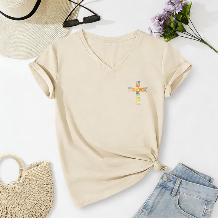 Christianartworkshop Grace Cross Rolled Sleeve Knot Hem Women's V Neck Tee - image 32