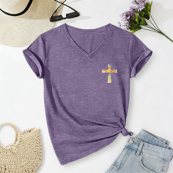 Christianartworkshop Grace Cross Rolled Sleeve Knot Hem Women's V Neck Tee - image 50