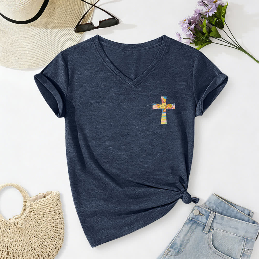 Christianartworkshop Grace Cross Rolled Sleeve Knot Hem Women's V Neck Tee - image 26