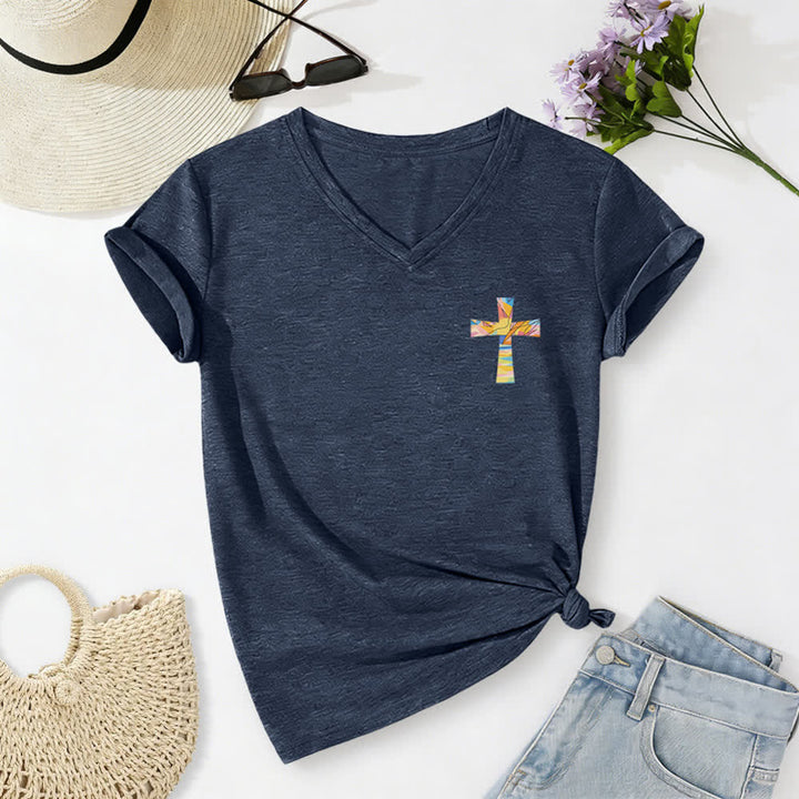 Christianartworkshop Grace Cross Rolled Sleeve Knot Hem Women's V Neck Tee - image 26