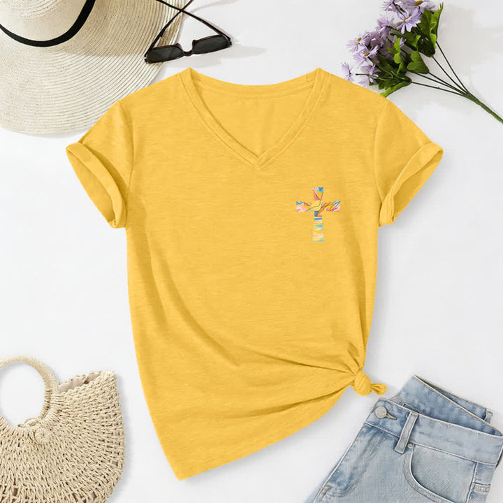 Christianartworkshop Grace Cross Rolled Sleeve Knot Hem Women's V Neck Tee - image 68