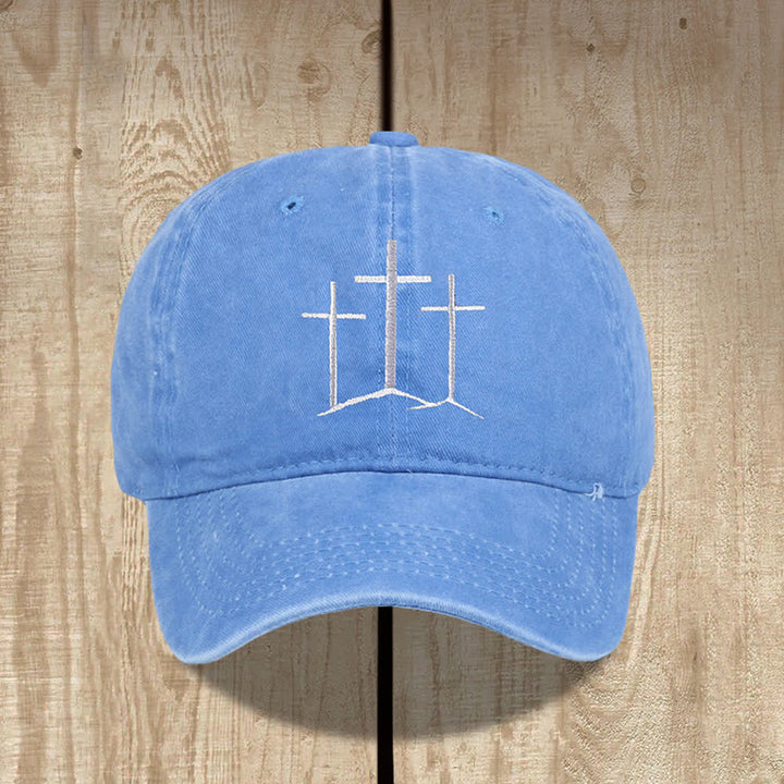 Christianartworkshop Three Crosses Faith Embroidery Classic Washed Hat - Sky Blue - image 11
