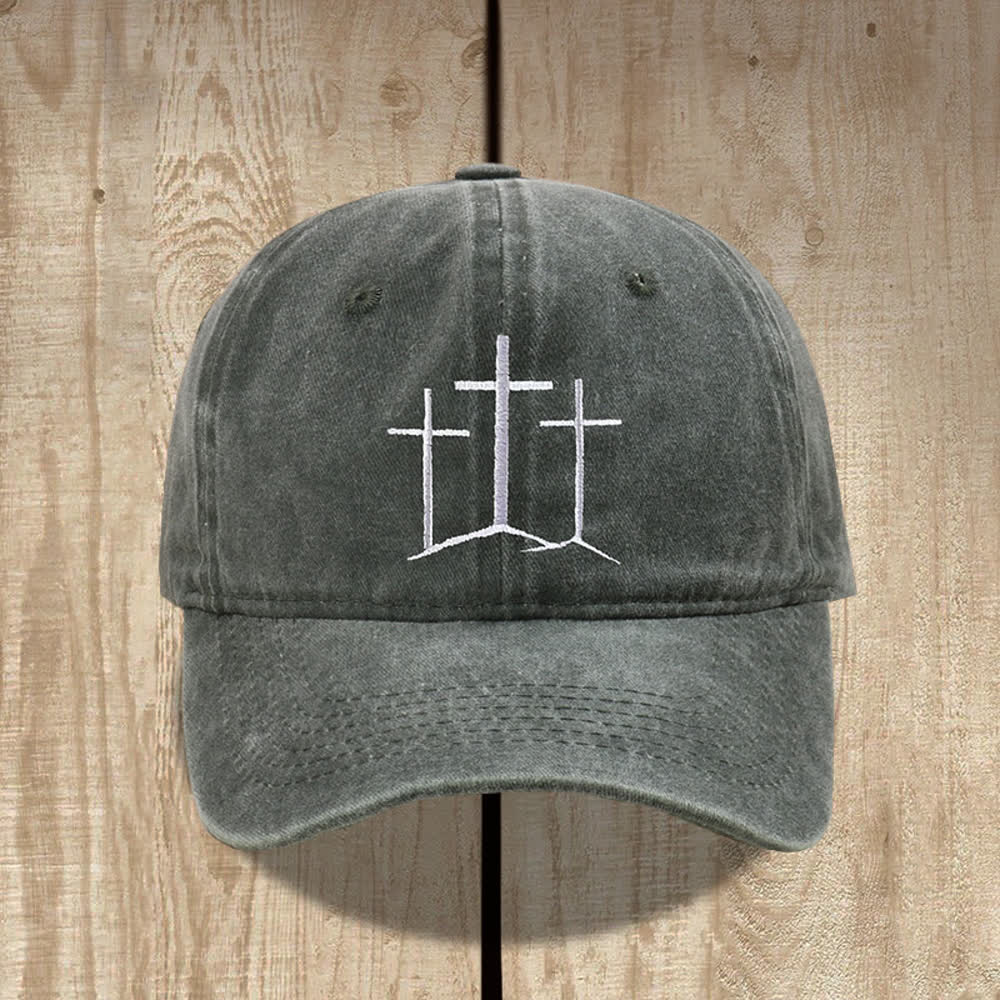 Christianartworkshop Three Crosses Faith Embroidery Classic Washed Hat - Army Green - image 14