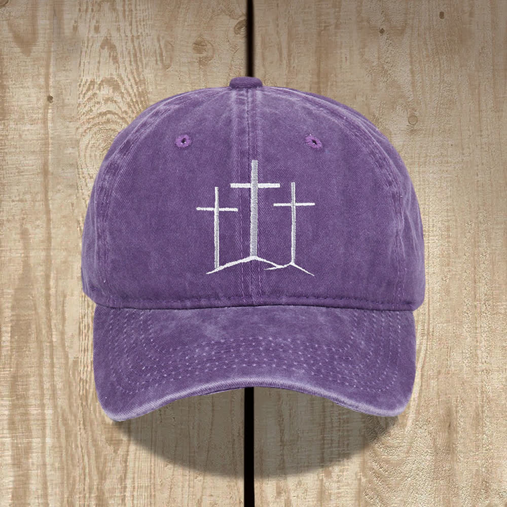 Christianartworkshop Three Crosses Faith Embroidery Classic Washed Hat - Purple - image 7
