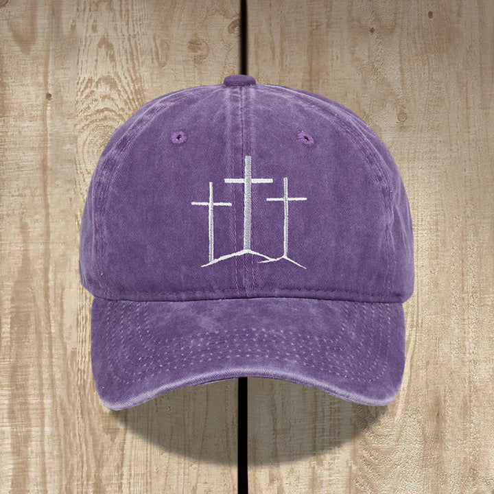 Christianartworkshop Three Crosses Faith Embroidery Classic Washed Hat - Purple - image 7