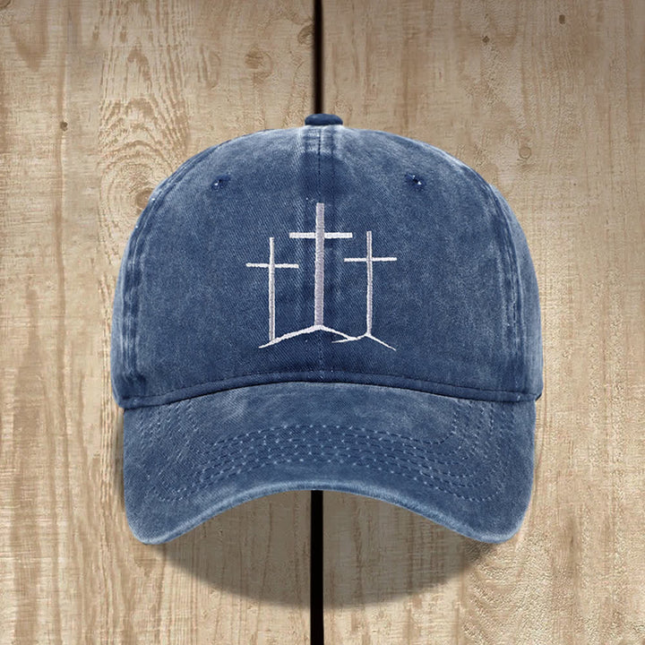 Christianartworkshop Three Crosses Faith Embroidery Classic Washed Hat - Navy Blue - image 8