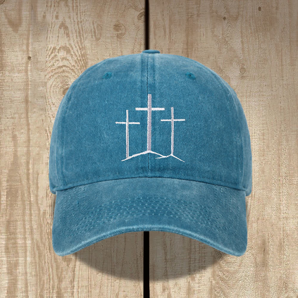 Christianartworkshop Three Crosses Faith Embroidery Classic Washed Hat - Lake Blue - image 10