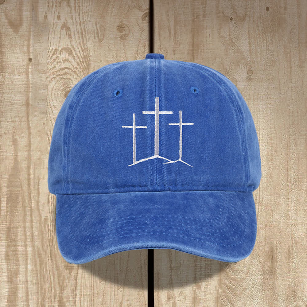 Christianartworkshop Three Crosses Faith Embroidery Classic Washed Hat - Royal Blue - image 12