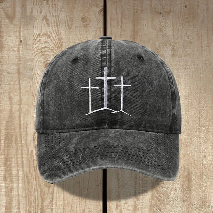 Christianartworkshop Three Crosses Faith Embroidery Classic Washed Hat - Black - image 2