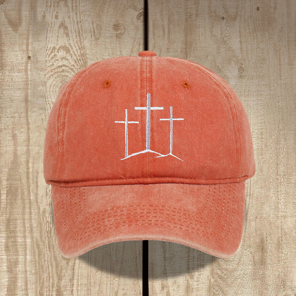 Christianartworkshop Three Crosses Faith Embroidery Classic Washed Hat - Orange - image 13