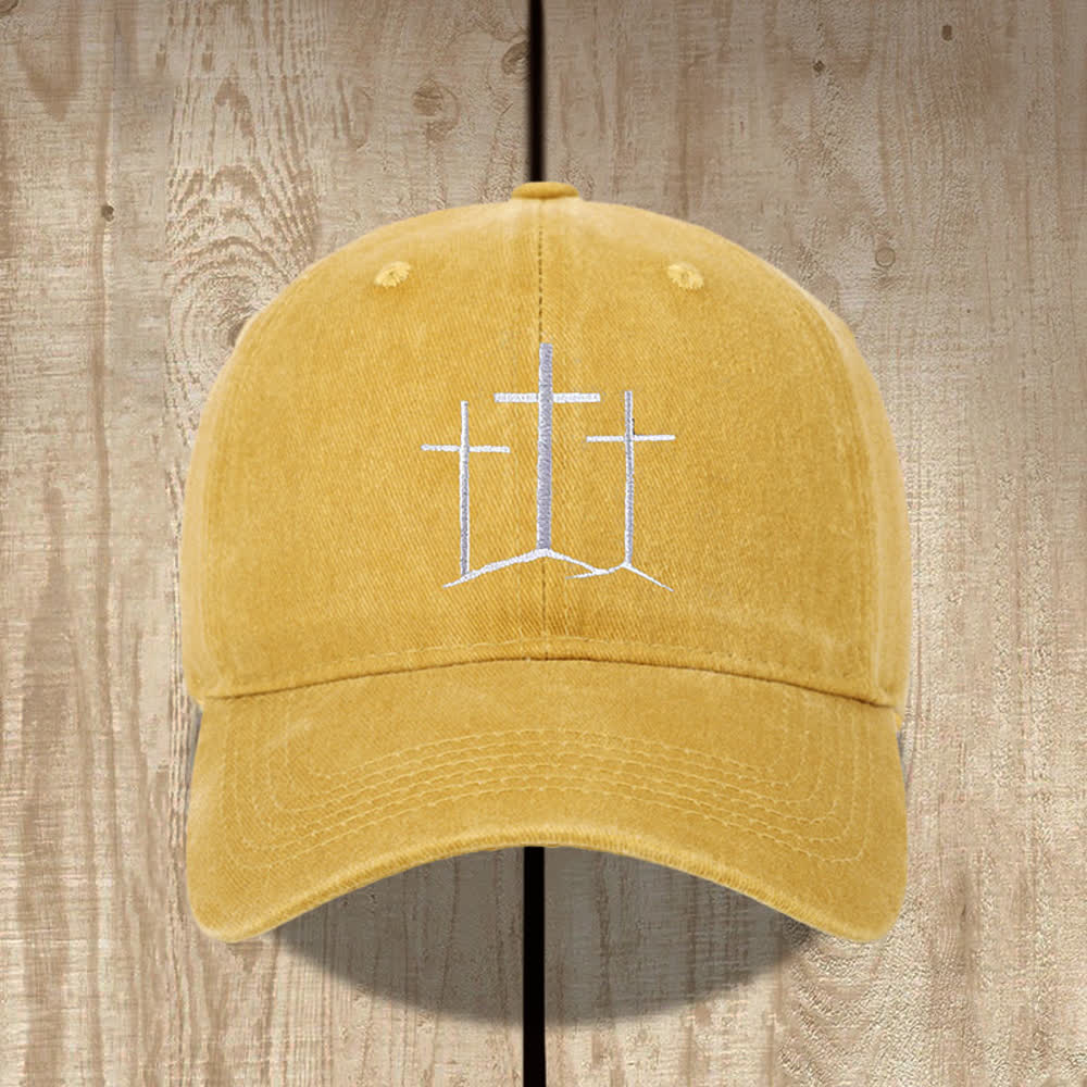 Christianartworkshop Three Crosses Faith Embroidery Classic Washed Hat - Yellow - image 0