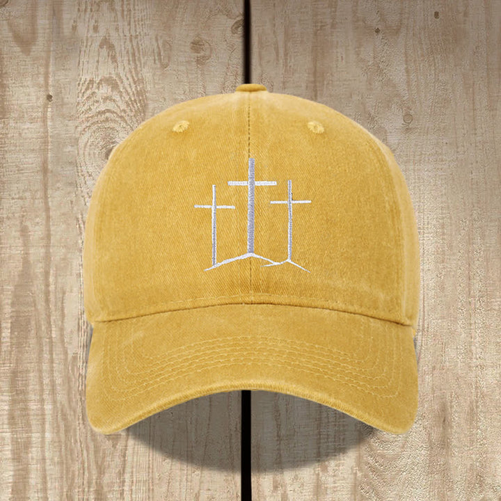 Christianartworkshop Three Crosses Faith Embroidery Classic Washed Hat - Yellow - image 0