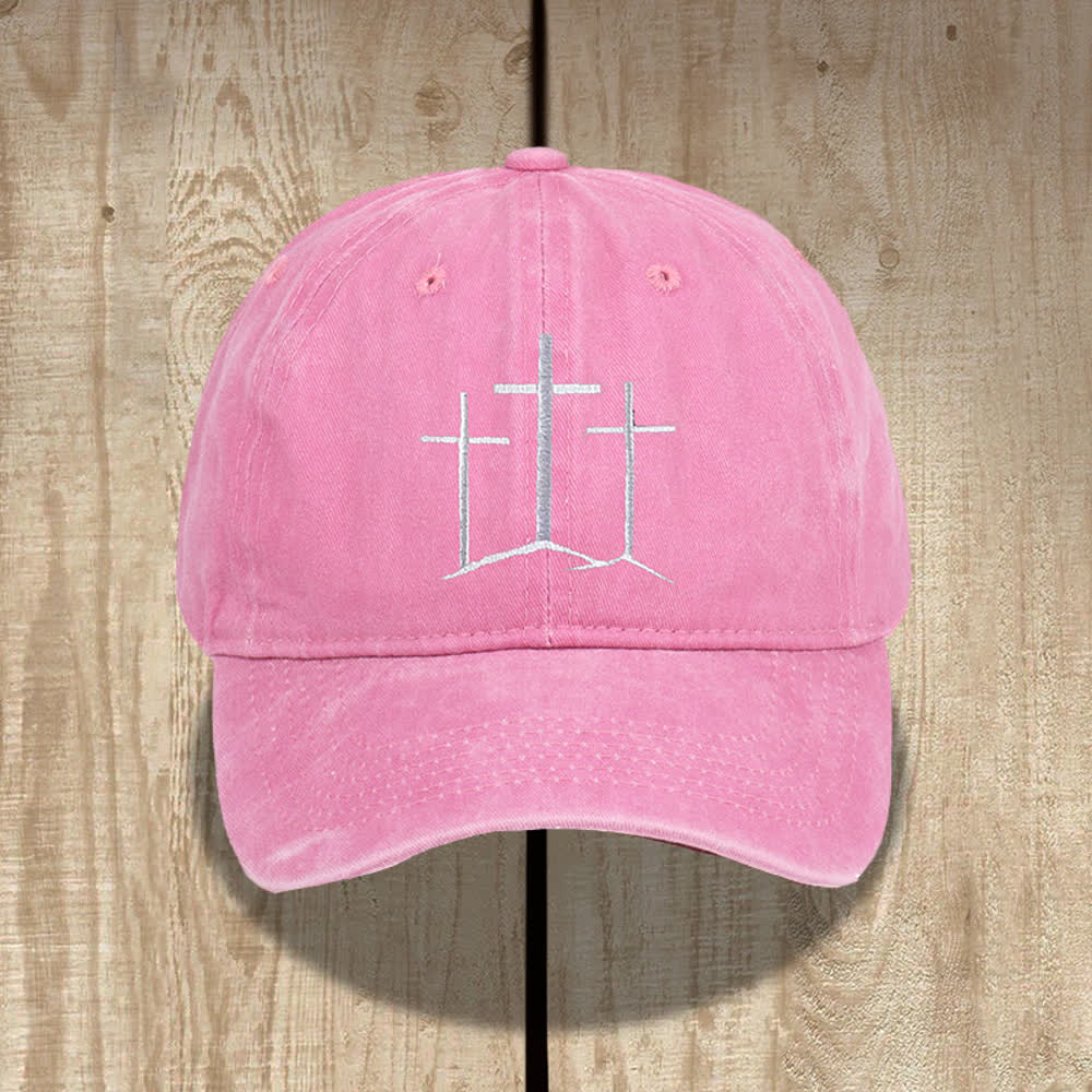 Christianartworkshop Three Crosses Faith Embroidery Classic Washed Hat - Pink - image 6
