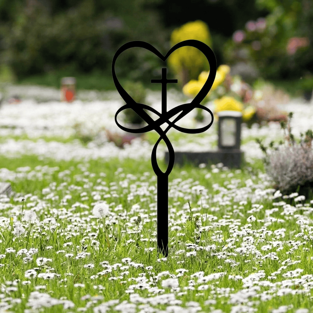 Christianartworkshop Intertwined Heart Cross Metal Memorial Yard Stake: Token of Unbroken Celestial Devotion - image 1