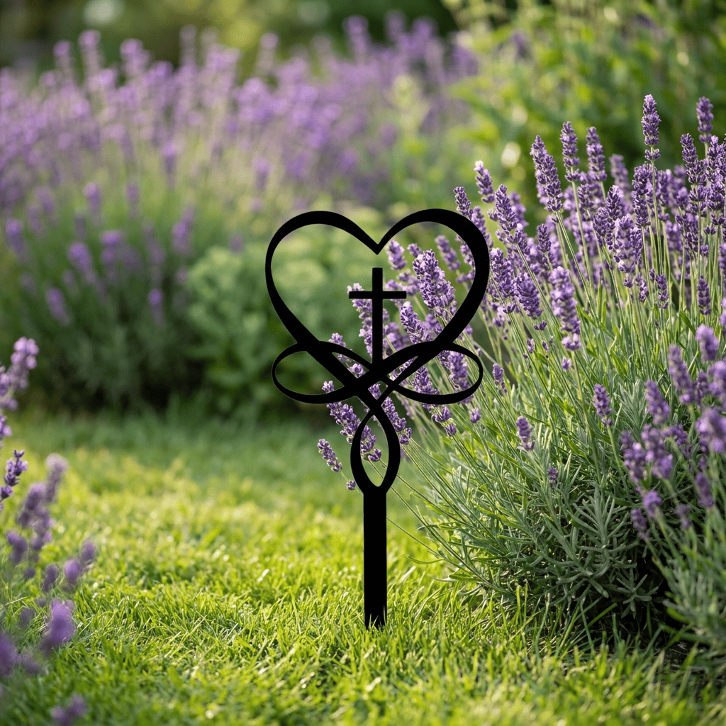 Christianartworkshop Intertwined Heart Cross Metal Memorial Yard Stake: Token of Unbroken Celestial Devotion - image 0