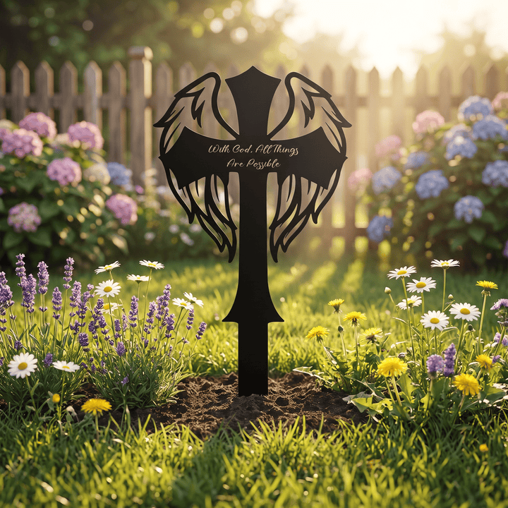 Christianartworkshop Winged Sacred Cross Laser Cut Metal Garden Stake: Emblem of Almighty Heavenly Power - image 3