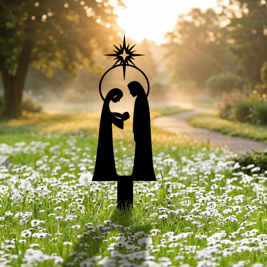 Christianartworkshop Anti-Rust Matte Metal Holy Family Garden Spike: Emblem of Long-Lasting Outdoor Sacred Warmth - image 0