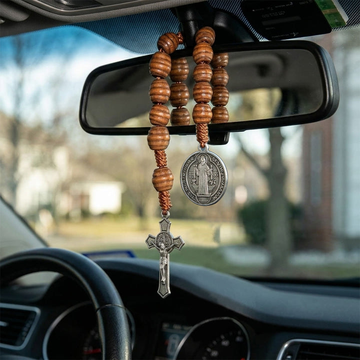 Christianartworkshop Saint Benedict Guardian Medal Jesus Crucifix Car Rearview Mirror Pendant: Token of Peaceful Driving Blessing - Crucifix&St.Benedict - image 0