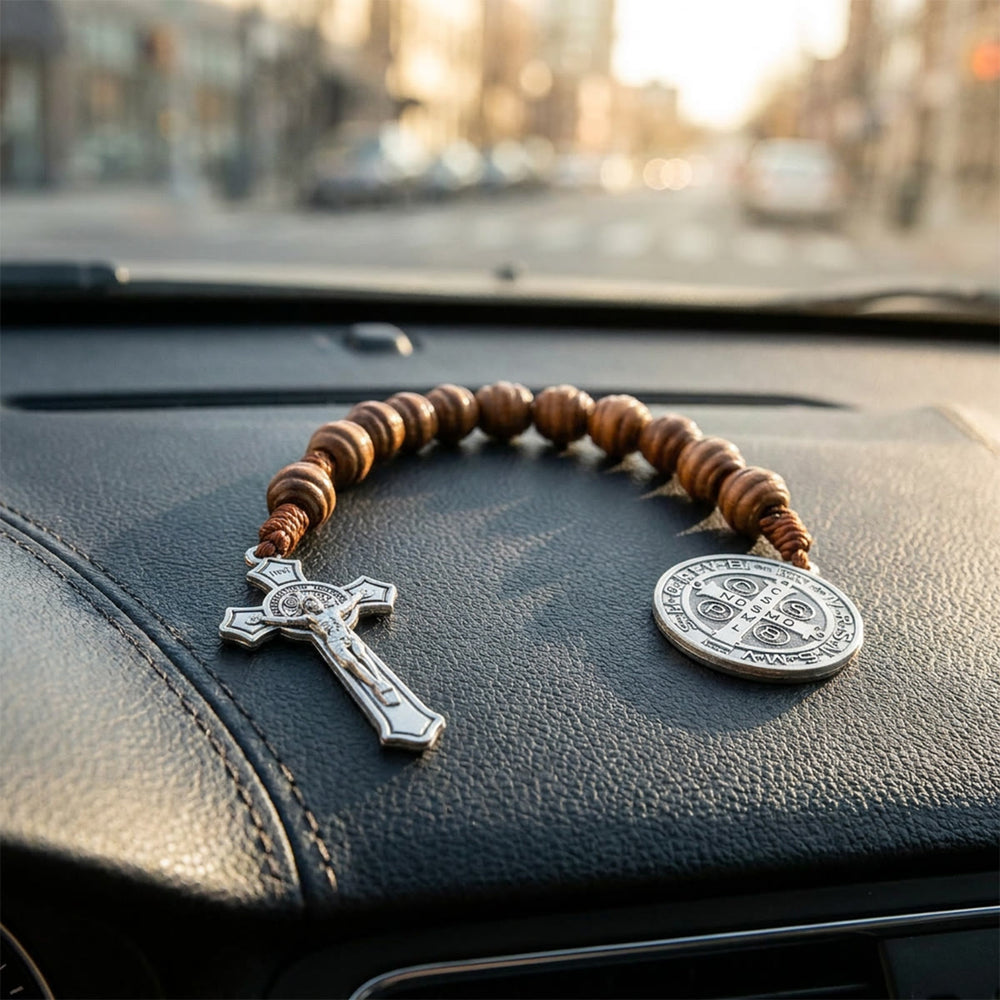 Christianartworkshop Saint Benedict Guardian Medal Jesus Crucifix Car Rearview Mirror Pendant: Token of Peaceful Driving Blessing - image 1