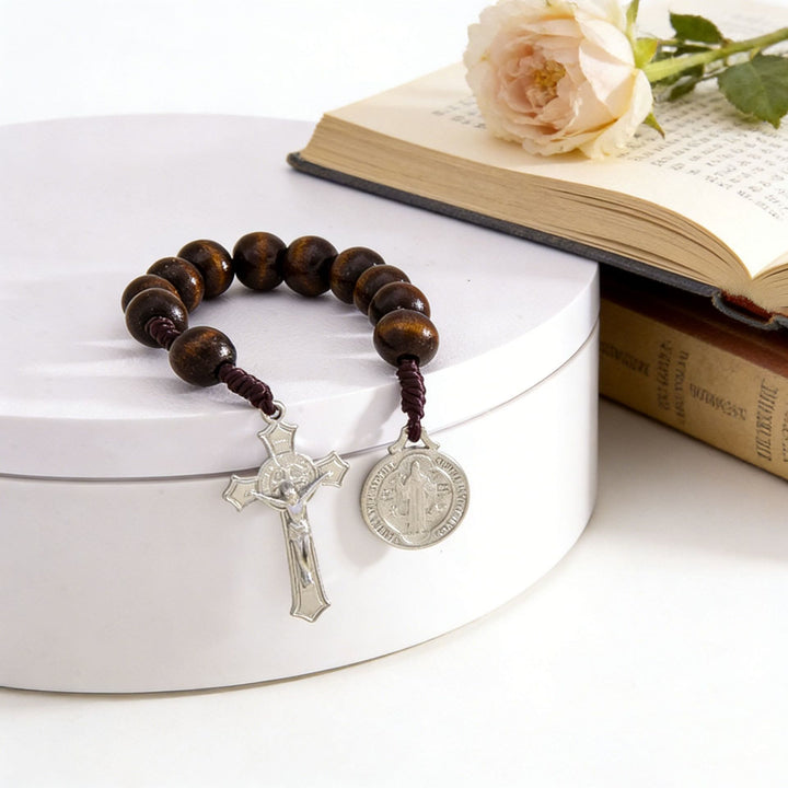 Christianartworkshop Striped Wood Bead Car Hanging With Jesus Crucifix & Holy Figure Medal: Emblem of Roadside Heavenly Safeguard - image 11
