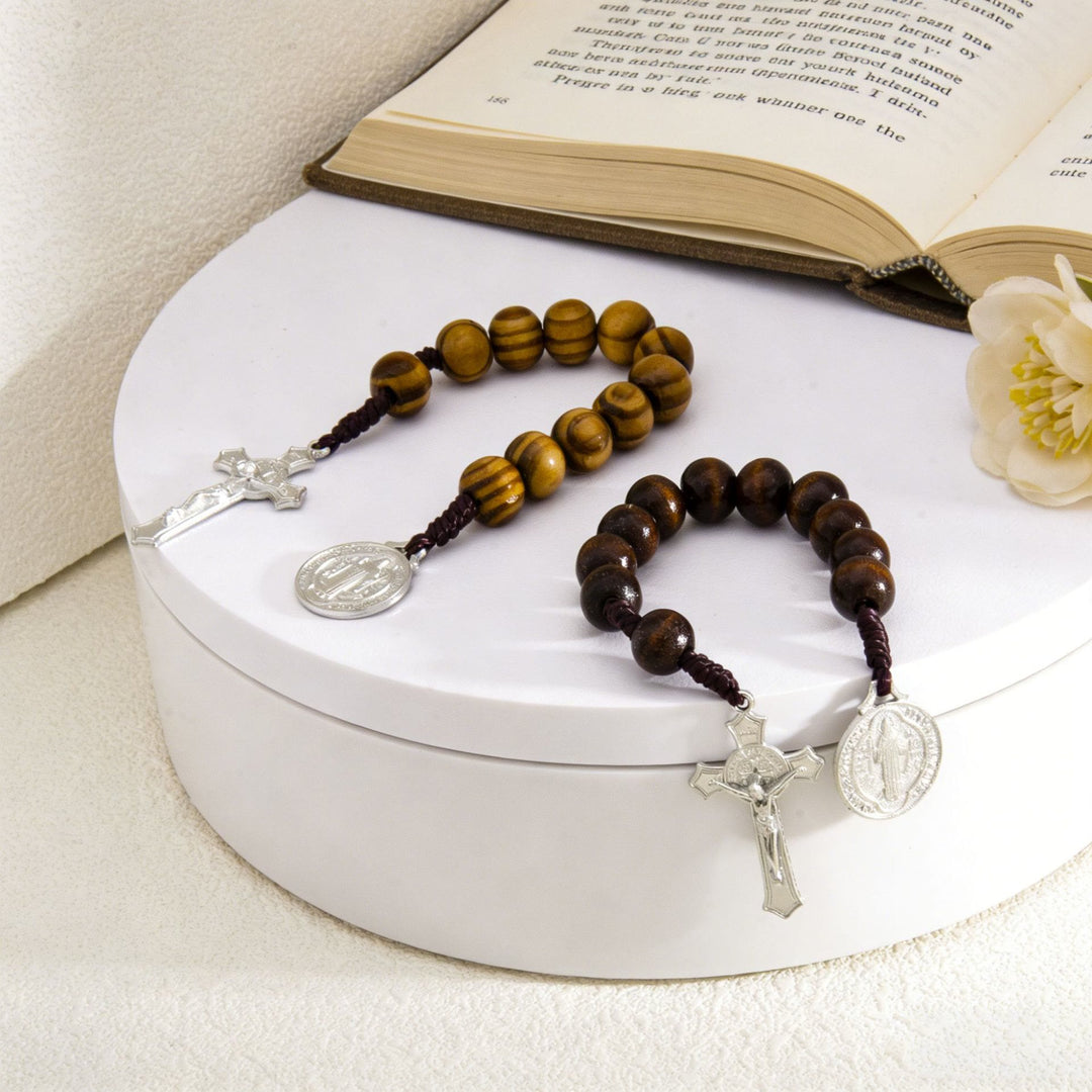 Christianartworkshop Striped Wood Bead Car Hanging With Jesus Crucifix & Holy Figure Medal: Emblem of Roadside Heavenly Safeguard - image 4