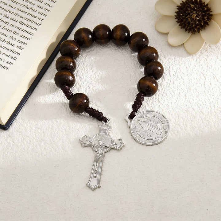 Christianartworkshop Striped Wood Bead Car Hanging With Jesus Crucifix & Holy Figure Medal: Emblem of Roadside Heavenly Safeguard - image 12