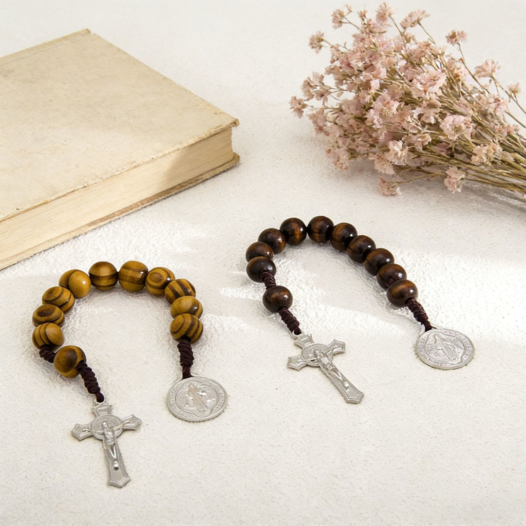 Christianartworkshop Striped Wood Bead Car Hanging With Jesus Crucifix & Holy Figure Medal: Emblem of Roadside Heavenly Safeguard - image 2