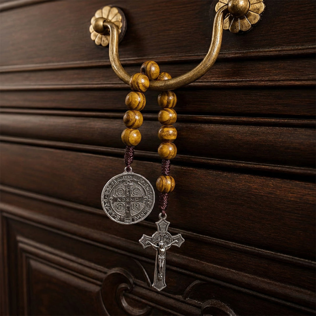 Christianartworkshop Striped Wood Bead Car Hanging With Jesus Crucifix & Holy Figure Medal: Emblem of Roadside Heavenly Safeguard - Coffee - image 0