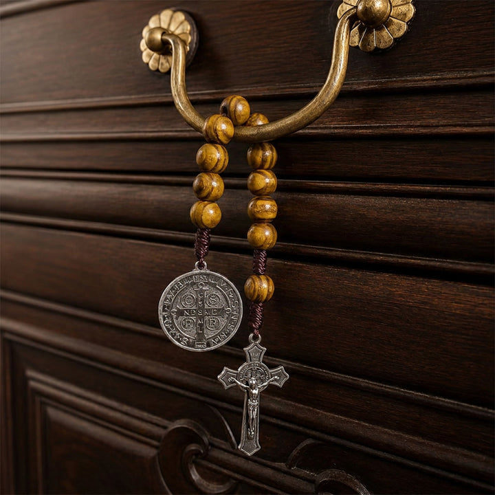Christianartworkshop Striped Wood Bead Car Hanging With Jesus Crucifix & Holy Figure Medal: Emblem of Roadside Heavenly Safeguard - Coffee - image 0
