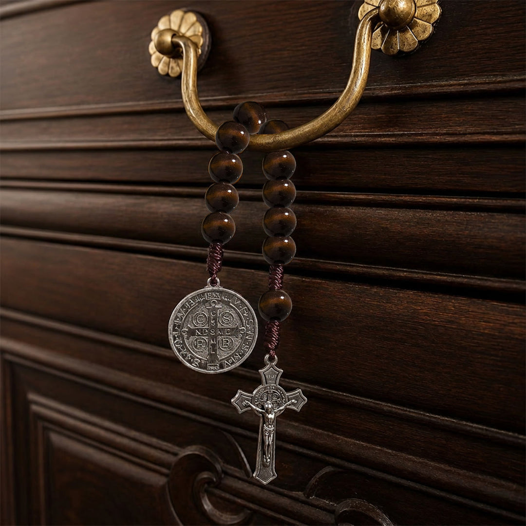 Christianartworkshop Striped Wood Bead Car Hanging With Jesus Crucifix & Holy Figure Medal: Emblem of Roadside Heavenly Safeguard - Dark Coffee - image 10